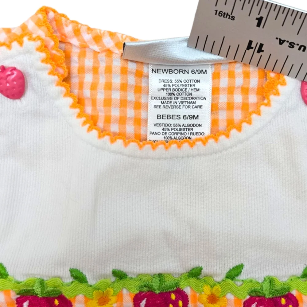 VTG Seersucker Dress 6-9m Orange White Gingham Embroidered Strawberry Youngland - Picture 5 of 8